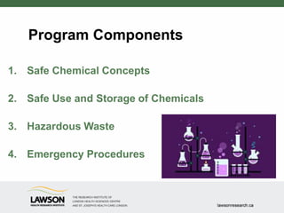 Program Components
1. Safe Chemical Concepts
2. Safe Use and Storage of Chemicals
3. Hazardous Waste
4. Emergency Procedures
 