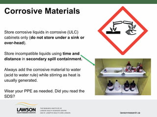 Corrosive Materials
Store corrosive liquids in corrosive (ULC)
cabinets only (do not store under a sink or
over-head).
Store incompatible liquids using time and
distance in secondary spill containment.
Always add the corrosive material to water
(acid to water rule) while stirring as heat is
usually generated.
Wear your PPE as needed. Did you read the
SDS?
 