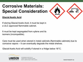 Corrosive Materials:
Special Consideration
Glacial Acetic Acid
If storing Glacial Acetic Acid, it must be kept in
a ULC approved flammable cabinet.
It must be kept segregated from xylene and its
isomers (incompatible).
Care must be used when stored in metal cabinets (flammable cabinets) due to
corrosive vapors – It can eventually degrade the metal shelves.
Glacial Acetic Acid will solidify if stored in a fridge below 16°C.
 