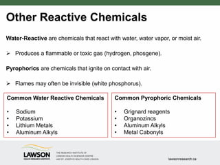 Other Reactive Chemicals
Water-Reactive are chemicals that react with water, water vapor, or moist air.
 Produces a flammable or toxic gas (hydrogen, phosgene).
Pyrophorics are chemicals that ignite on contact with air.
 Flames may often be invisible (white phosphorus).
Common Water Reactive Chemicals
• Sodium
• Potassium
• Lithium Metals
• Aluminum Alkyls
Common Pyrophoric Chemicals
• Grignard reagents
• Organozincs
• Aluminum Alkyls
• Metal Cabonyls
 