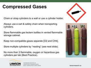 Compressed Gases
Chain or strap cylinders to a wall or use a cylinder holder.
Always use a cart & safety chain when transporting
cylinders.
Store flammable gas lectern bottles in vented flammable
storage cabinet.
Keep non-compatible gases separate [O2 and CH4].
Store multiple cylinders by “nesting” (see next slide).
No more than 3 flammable, oxygen or hazardous gas
cylinders per lab (Best Practice).
 