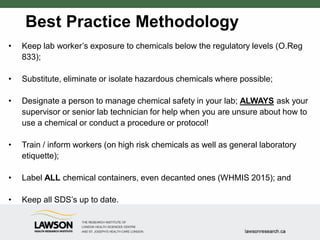 Best Practice Methodology
• Keep lab worker’s exposure to chemicals below the regulatory levels (O.Reg
833);
• Substitute, eliminate or isolate hazardous chemicals where possible;
• Designate a person to manage chemical safety in your lab; ALWAYS ask your
supervisor or senior lab technician for help when you are unsure about how to
use a chemical or conduct a procedure or protocol!
• Train / inform workers (on high risk chemicals as well as general laboratory
etiquette);
• Label ALL chemical containers, even decanted ones (WHMIS 2015); and
• Keep all SDS’s up to date.
 