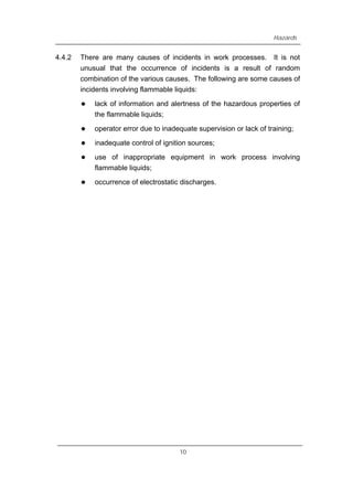 Hazards
4.4.2 There are many causes of incidents in work processes. It is not
unusual that the occurrence of incidents is a result of random
combination of the various causes. The following are some causes of
incidents involving flammable liquids:
z lack of information and alertness of the hazardous properties of
the flammable liquids;
z operator error due to inadequate supervision or lack of training;
z inadequate control of ignition sources;
z use of inappropriate equipment in work process involving
flammable liquids;
z occurrence of electrostatic discharges.
10
 