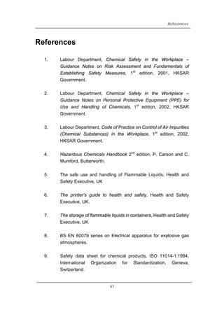 References
References
1. Labour Department, Chemical Safety in the Workplace –
Guidance Notes on Risk Assessment and Fundamentals of
1st
Establishing Safety Measures, edition, 2001, HKSAR
Government.
2. Labour Department, Chemical Safety in the Workplace –
Guidance Notes on Personal Protective Equipment (PPE) for
Use and Handling of Chemicals, 1st
edition, 2002, HKSAR
Government.
3. Labour Department, Code of Practice on Control of Air Impurities
(Chemical Substances) in the Workplace, 1st
edition, 2002,
HKSAR Government.
4. Hazardous Chemicals Handbook 2nd
edition, P. Carson and C.
Mumford, Butterworth.
5. The safe use and handling of Flammable Liquids, Health and
Safety Executive, UK
6. The printer’s guide to health and safety, Health and Safety
Executive, UK.
7. The storage of flammable liquids in containers, Health and Safety
Executive, UK
8. BS EN 60079 series on Electrical apparatus for explosive gas
atmospheres.
9. Safety data sheet for chemical products, ISO 11014-1:1994,
International Organization for Standardization, Geneva,
Switzerland.
47
 