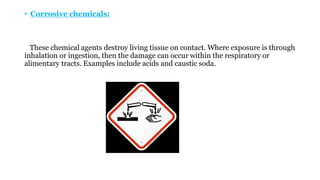 • Corrosive chemicals:
These chemical agents destroy living tissue on contact. Where exposure is through
inhalation or ingestion, then the damage can occur within the respiratory or
alimentary tracts. Examples include acids and caustic soda.
 