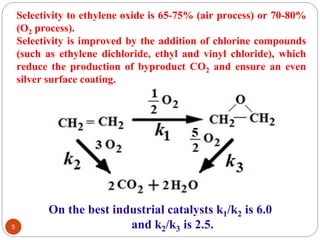 On the best industrial catalysts k1/k2 is 6.0
and k2/k3 is 2.5.
5
Selectivity to ethylene oxide is 65-75% (air process) or 70-80%
(O2 process).
Selectivity is improved by the addition of chlorine compounds
(such as ethylene dichloride, ethyl and vinyl chloride), which
reduce the production of byproduct CO2 and ensure an even
silver surface coating.
 