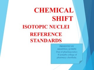 CHEMICAL
SHIFT
ISOTOPIC NUCLEI
REFERENCE
STANDARDS
1
PRESENTED BY
ARANTHA J JOSEPH
Dep of pharmaceutics
St josephs college of
pharmacy cherthala.
 