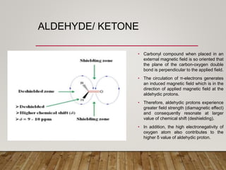 ALDEHYDE/ KETONE
• Carbonyl compound when placed in an
external magnetic field is so oriented that
the plane of the carbon-oxygen double
bond is perpendicular to the applied field.
• The circulation of π-electrons generates
an induced magnetic field which is in the
direction of applied magnetic field at the
aldehydic protons.
• Therefore, aldehydic protons experience
greater field strength (diamagnetic effect)
and consequently resonate at larger
value of chemical shift (deshielding).
• In addition, the high electronegativity of
oxygen atom also contributes to the
higher δ value of aldehydic proton.
 