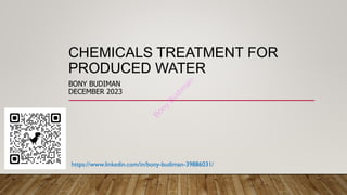 CHEMICALS TREATMENT FOR
PRODUCED WATER
BONY BUDIMAN
DECEMBER 2023
https://www.linkedin.com/in/bony-budiman-39886031/
 