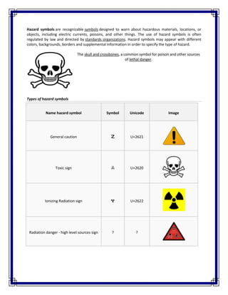 Hazard symbols are recognizable symbols designed to warn about hazardous materials, locations, or
objects, including electric currents, poisons, and other things. The use of hazard symbols is often
regulated by law and directed by standards organizations. Hazard symbols may appear with different
colors, backgrounds, borders and supplemental information in order to specify the type of hazard.
The skull and crossbones, a common symbol for poison and other sources
of lethal danger.
Types of hazard symbols
Name hazard symbol Symbol Unicode Image
General caution ☡ U+2621
Toxic sign ☠ U+2620
Ionizing Radiation sign ☢ U+2622
Radiation danger - high level sources sign ? ?
 