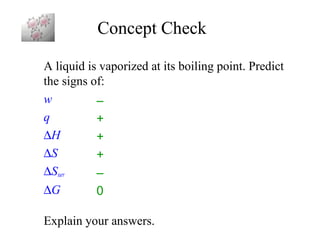 Concept Check 
A liquid is vaporized at its boiling point. Predict 
the signs of: 
w 
– 
q 
+ 
DH 
+ 
DS 
+ 
DSsurr 
– 
DG 
0 
Explain your answers. 
 