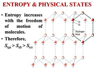ENTROPY & PHYSICAL STATES
• Entropy increases
with the freedom
of motion of
molecules.
• Therefore,
S(g) > S(l) > S(s)
 