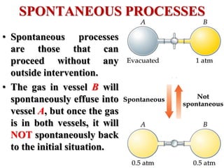 SPONTANEOUS PROCESSES
• Spontaneous processes
are those that can
proceed without any
outside intervention.
• The gas in vessel B will
spontaneously effuse into
vessel A, but once the gas
is in both vessels, it will
NOT spontaneously back
to the initial situation.
 