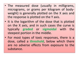• The measured dose (usually in milligrams,
micrograms, or grams per kilogram of body-
weight) is generally plotted on the X axis and
the response is plotted on the Y axis.
• It is the logarithm of the dose that is plotted
on the X axis, and in such cases the curve is
typically graded or sigmoidal with the
steepest portion in the middle.
• For most types of toxic responses, there is a
dose, called a threshold, below which there
are no adverse effects from exposure to the
substance.
 