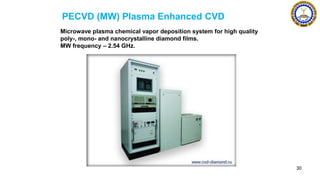 Microwave plasma chemical vapor deposition system for high quality
poly-, mono- and nanocrystalline diamond films.
MW frequency – 2.54 GHz.
PECVD (MW) Plasma Enhanced CVD
30
 