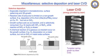 Selective deposition:
• Especially important in microelectronics, surface
patterning and 3D-growth.
• Reaction rate of precursor is limited on a non-growth
surface. E.g. deposition of Cu from (hfac)Cu(PMe3) occur
on Cu, Pt… but not on SiO2.
• Growth surface acts as co-reactant, and is selectively
consumed. E.g. Si reacts with WF6 or MoF6, while
reaction at SiO2 or Si3N4 is slower.
• A chemical reaction of a gaseous co-reactant occur on
the growth surface. E.g. H2 dissociation on a metal
surface, but not on SiO2 or metal oxide surfaces.
Miscellaneous: selective deposition and laser CVD
Tungsten spring
grown by laser
CVD.
Laser CVD
(energy provided by laser)
35
 
