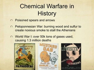 Chemical Warfare in
History
Poisoned spears and arrows
Peloponnesian War: burning wood and sulfur to
create noxious smoke to stall the Athenians
World War I: over 50k tons of gases used,
causing 1.3 million deaths
 