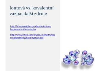 Iontová vs. kovalentní
vazba: další zdroje

http://khanovaskola.cz/v/chemie/iontova-
kovalentni-a-kovova-vazba

http://www.mhhe.com/physsci/chemistry/ess
entialchemistry/flash/hybrv18.swf
 