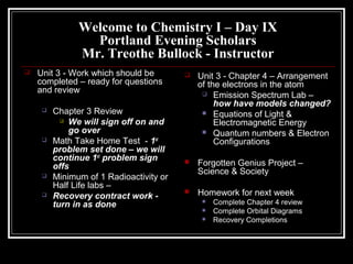 Welcome to Chemistry I – Day IX
Portland Evening Scholars
Mr. Treothe Bullock - Instructor
 Unit 3 - Work which should be
completed – ready for questions
and review
 Chapter 3 Review
 We will sign off on and
go over
 Math Take Home Test - 1st
problem set done – we will
continue 1st
problem sign
offs
 Minimum of 1 Radioactivity or
Half Life labs –
 Recovery contract work -
turn in as done
 Unit 3 - Chapter 4 – Arrangement
of the electrons in the atom
 Emission Spectrum Lab –
how have models changed?
 Equations of Light &
Electromagnetic Energy
 Quantum numbers & Electron
Configurations
 Forgotten Genius Project –
Science & Society
 Homework for next week
 Complete Chapter 4 review
 Complete Orbital Diagrams
 Recovery Completions
 