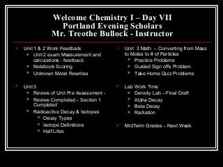 Welcome Chemistry I – Day VII
                 Portland Evening Scholars
               Mr. Treothe Bullock - Instructor
   Unit 1 & 2 Work Feedback                Unit 3 Math – Converting from Mass
      Unit 2 exam Measurement and           to Moles to # of Particles
         calculations - feedback                Practice Problems

      Notebook Scoring                         Guided Sign offs Problem

      Unknown Metal Rewrites                   Take Home Quiz Problems



   Unit 3                                  Lab Work Time
      Review of Unit Pre Assessment -         Density Lab – Final Draft

      Review Completed – Section 1            Alpha Decay
         Completed                             Beta Decay
      Radioactive Decay & Isotopes            Radiation
            Decay Types

            Isotope Definitions
                                            MidTerm Grades – Next Week
            Half Lifes
 