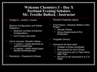 Welcome Chemistry I – Day X
Portland Evening Scholars
Mr. Treothe Bullock - Instructor
 Chapter 4 – section 1 review
 Electron Configuration and Orbital
Diagrams –
 Quantum numbers & Electron
Configurations
 Unit 3 exam next week
 Unit 4 overview -Periodic Tables –
 1st
version – divide elements by
valence orbital type
 2nd
version – within orbital types
identify families/groups
 Periodicity – Powerpoint & Notes
 Periodic Properties Jigsaw
 Final Project – Reaction Matters Video
Project
 Sample Videos
 Group Assignments & Pre
Production
 Forgotten Genius
 Homework for Next week
 Chapter 4 review completed
 Be prepared for Unit 3 Exam
 Last chance to turn in Take Home
Math Test
 All work so far recovered to a C or
better
 