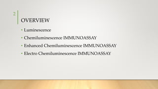 OVERVIEW
• Luminescence
• Chemiluminescence IMMUNOASSAY
• Enhanced Chemiluminescence IMMUNOASSAY
• Electro Chemiluminescence IMMUNOASSAY
2
 