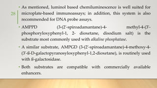 • As mentioned, luminol based chemiluminescence is well suited for
microplate-based immunoassays; in addition, this system is also
recommended for DNA probe assays.
• AMPPD (3-(2'-spiroadamantane)-4- methyl-4-(3'-
phosphoryloxyphenyl-1, 2- dioxetane, disodium salt) is the
substrate most commonly used with alkaline phosphatase.
• A similar substrate, AMPGD (3-(2'-spiroadamantane)-4-methoxy-4-
(3'-ß-D-galactopyranosyloxyphenyl-1,2-dioxetane), is routinely used
with ß-galactosidase.
• Both substrates are compatible with commercially available
enhancers.
28
 