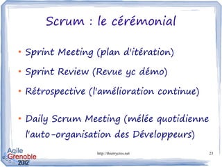Scrum : le cérémonial

●
    Sprint Meeting (plan d'itération)
●
    Sprint Review (Revue yc démo)
●
    Rétrospective (l'amélioration continue)

●
    Daily Scrum Meeting (mélée quotidienne
    l'auto-organisation des Développeurs)
                    http://thierrycros.net    23
 