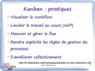 Kanban : pratiques
●
    Visualiser le workflow
●
    Limiter le travail en cours (WiP)
●
    Mesurer et gérer le flux
●
    Rendre explicite les règles de gestion du
    processus
●
    S'améliorer collectivement
        http://fr.slideshare.net/morisseau/kanban-un-tour-dhorizon-v20
                           http://thierrycros.net                   32
 