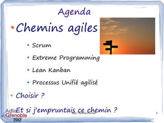 Agenda
●
    Chemins agiles
        
            Scrum
        
            Extreme Programming
        
            Lean Kanban
        
            Processus Unifié agilisé

●
    Choisir ?
●
    Et si j'empruntais ce chemin ?
                     http://thierrycros.net   4
 