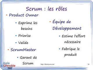 Scrum : les rôles
●
    Product Owner
          
                  Exprime les
                                          ...