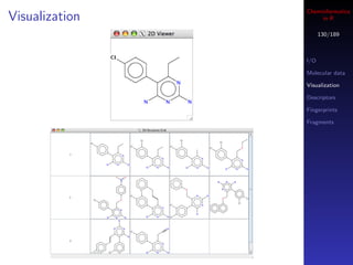 Cheminformatics
Visualization        in R

                      130/189



                I/O

                Molecular data

                Visualization

                Descriptors

                Fingerprints

                Fragments
 