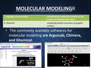 MOLECULAR MODELINGR
• The commonly available softwares for
molecular modeling are ArgusLab, Chimera,
and Ghemical.
. Langridge and coworkers visualizing 3D molecular models on the
screens of Cathode Ray Tubes
G. Marshall visualizing protein structure on graphic
screens.
15
 