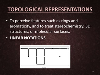 TOPOLOGICAL REPRESENTATIONS
• To perceive features such as rings and
aromaticity, and to treat stereochemistry, 3D
structures, or molecular surfaces.
• LINEAR NOTATIONS
16
 