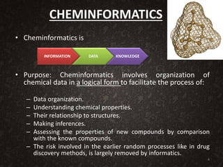 CHEMINFORMATICS
• Cheminformatics is
• Purpose: Cheminformatics involves organization of
chemical data in a logical form to facilitate the process of:
– Data organization.
– Understanding chemical properties.
– Their relationship to structures.
– Making inferences.
– Assessing the properties of new compounds by comparison
with the known compounds.
– The risk involved in the earlier random processes like in drug
discovery methods, is largely removed by informatics.
INFORMATION DATA KNOWLEDGE
4
 