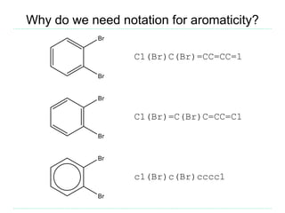 Why do we need notation for aromaticity?
C1(Br)=C(Br)C=CC=C1
c1(Br)c(Br)cccc1
C1(Br)C(Br)=CC=CC=1
 