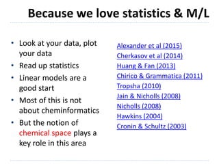 Because we love statistics & M/L
Alexander et al (2015)
Cherkasov et al (2014)
Huang & Fan (2013)
Chirico & Grammatica (20...
