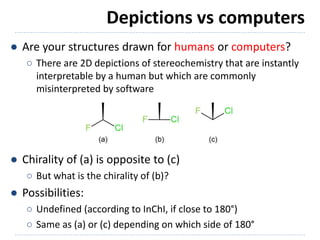 Depictions vs computers
● Are your structures drawn for humans or computers?
○ There are 2D depictions of stereochemistry ...