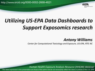 Utilizing US-EPA Data Dashboards to
Support Exposomics research
Human Health Exposure Analysis Resource (HHEAR) Webinar
http://www.orcid.org/0000-0002-2668-4821
The views expressed in this presentation are those of the author and do not necessarily reflect the views or policies of the U.S. EPA
Antony Williams
Center for Computational Toxicology and Exposure, US-EPA, RTP, NC
 
