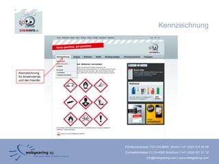 Kennzeichnung




Kennzeichnung
für Anwendende
und den Handel




                 Förrlibuckstrasse 110 | CH-8005 Zürich | +41 (0)44 515 20 09
                 Zuchwilerstrasse 2 | CH-4500 Solothurn | +41 (0)32 621 21 12
                                info@webgearing.com | www.webgearing.com
 