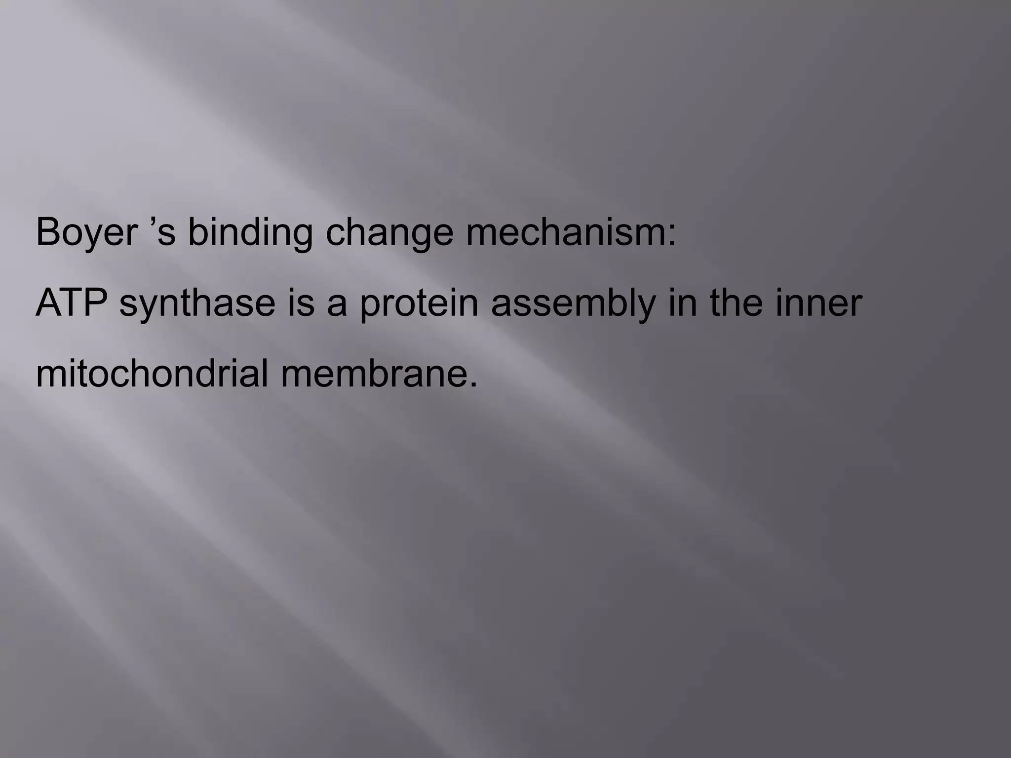 Boyer ’s binding change mechanism:
ATP synthase is a protein assembly in the inner
mitochondrial membrane.
 