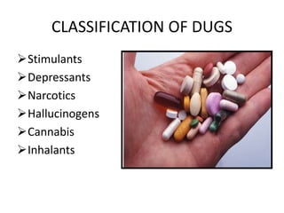 CLASSIFICATION OF DUGS 
Stimulants 
Depressants 
Narcotics 
Hallucinogens 
Cannabis 
Inhalants 
 