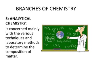 BRANCHES OF CHEMISTRY
5: ANALYTICAL
CHEMISTRY:
It concerned mainly
with the various
techniques and
laboratory methods
to determine the
composition of
matter.
 
