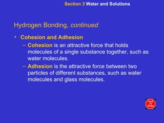 Section 3  Water and Solutions Hydrogen Bonding,  continued Cohesion and Adhesion Cohesion  is an attractive force that holds molecules of a single substance together, such as water molecules. Adhesion   is the attractive force between two particles of different substances, such as water molecules and glass molecules. 