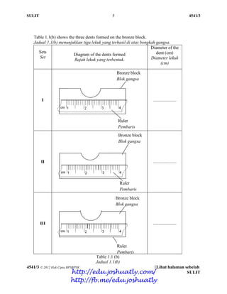 SULIT 5 4541/3
4541/3 © 2012 Hak Cipta BPSBPSK [Lihat halaman sebelah
SULIT
Table 1.1(b) shows the three dents formed on the bronze block.
Jadual 1.1(b) menunjukkan tiga lekuk yang terhasil di atas bongkah gangsa.
Sets
Set
Diagram of the dents formed
Rajah lekuk yang terbentuk.
Diameter of the
dent (cm)
Diameter lekuk
(cm)
I .....................
II .....................
III .....................
Table 1.1 (b)
Jadual 1.1(b)
Bronze block
Blok gangsa
Ruler
Pembaris
Bronze block
Blok gangsa
Ruler
Pembaris
Bronze block
Blok gangsa
Ruler
Pembaris
http://edu.joshuatly.com/
http://fb.me/edu.joshuatly
 