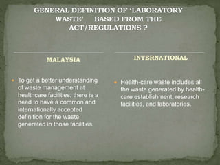 MALAYSIA 
 To get a better understanding 
of waste management at 
healthcare facilities, there is a 
need to have a common and 
internationally accepted 
definition for the waste 
generated in those facilities. 
INTERNATIONAL 
 Health-care waste includes all 
the waste generated by health-care 
establishment, research 
facilities, and laboratories. 
 