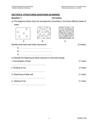 Puntland National Examination Board Secondary School Form Four Examinations
Puntland Certificate of Education Chemistry Examination June 2009
©PNEB, 20097
SECTION B: STRUCTURED QUESTIONS (90 MARKS)
Question 1 (10 marks)
a) The diagrams below show the arrangement of particles in the three different states of
water.
A B C
Identify what state each letter represents. (3 marks)
A……………………………….……………
B…………………………………………….
C…………………………………………….
b) Classify the following as either physical or chemical change.
i. Fermentation of beer (1 mark)
……………………………………………..
ii. Rusting of iron (1 mark)
…………………………………………….
iii. Dissolving of table salt (1 mark)
…………………………………………….
iv. Heating of ice (1 mark)
…………………………………………….
 