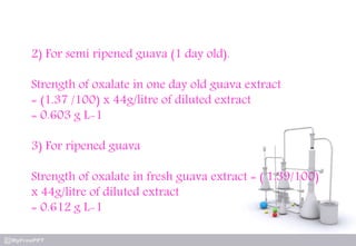 2) For semi ripened guava (1 day old).
Strength of oxalate in one day old guava extract
= (1.37 /100) x 44g/litre of diluted extract
= 0.603 g L-1
3) For ripened guava
Strength of oxalate in fresh guava extract = ( 1.39/100)
x 44g/litre of diluted extract
= 0.612 g L-1
 