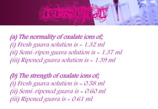 (a) The normality of oxalate ions of;
(i) Fresh guava solution is = 1.32 ml
(ii) Semi-ripen guava solution is = 1.37 ml
(iii) Ripened guava solution is = 1.39 ml
(b) The strength of oxalate ions of;
(i) Fresh guava solution is = 0.58 ml
(ii) Semi-ripened guava is = 0.60 ml
(iii) Ripened guava is = 0.61 ml
 