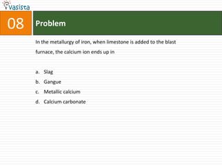 Problem08In the metallurgy of iron, when limestone is added to the blast furnace, the calcium ion ends up in  Slag GangueMetallic calciumCalcium carbonate